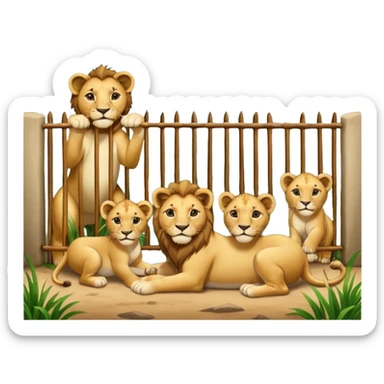 Un letrero del zoológico que dice “LION CUBS — BORN LAST WEEK” y delante una leona con sus cachorros recién nacidos, con la gente mirando emocionada desde la reja.






 sticker