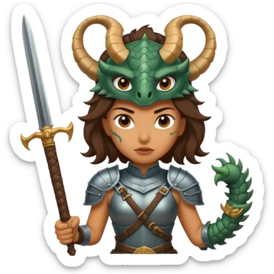 Fierce Latina in armor with a sword after a battle cutting off the head of a hydra sticker