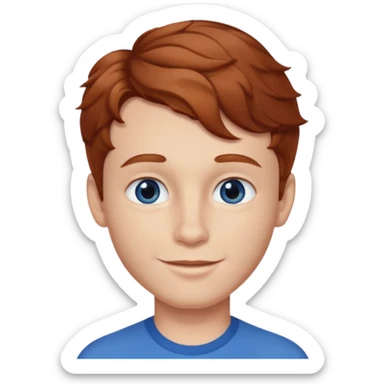 Please generate a portrait of a boy. He has light brown to reddish-brown wavy hair, a right side parting, longer sideburns, blue eyes, a snub nose, and a somewhat pronounced, strawberry-red pout. He is smiling. sticker