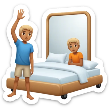 A person stands beside their bed, rolling out groggily with determination. The bed behind them is neatly made, a mirror in front of them shows them high-fiving their reflection. A glowing sunrise outside signals the start of a productive day. sticker