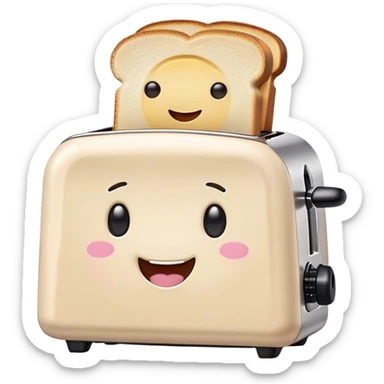 Cute Kawaii Toaster, tiny and square, soft pastel cream with a happy smile, chubby cheeks, two little toast slices popping out, giggling in excitement! sticker