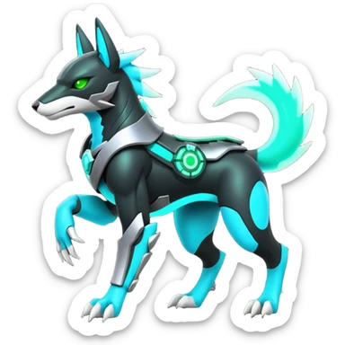 Black and green cyberpunk intricate neon glowing grey white futuristic cyborg-Houndoom-Lucario-Zeraora-Zoroark-Luxray-fusion (full body) sticker