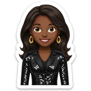 Cindy Herron from En Vogue with long dark brown hair, black sequin outfit sticker