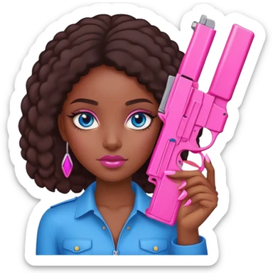 Black Girl hand pink nails holding pink gun with blue eyes sticker