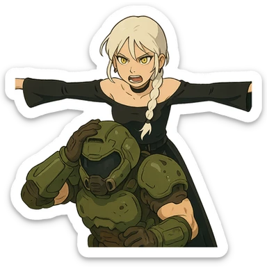  young woman with gold yellow eyes, white hair, long braid, black off-shoulder top, punk gothic style, futuristic cyberwave cyberpunk,, she is aggresively t-posing over a cowering doomguy sticker