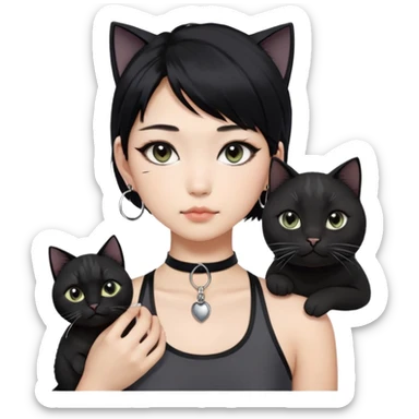 Asian girl, black hair with grey highlights , slightly longer than shoulder.  Holding two BLACK cats. one cat has a round fat face, the other one has a slightly slimmer face. Both pure black.  The girl also wearing a black singlet, a black chocker, silver round hook earring, and wearing eyeliner.  sticker