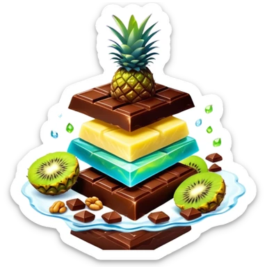 Ethereal evening snack with magical dark chocolate squares, enchanted mixed nuts, celestial kiwi slice and glowing pineapple chunks, all floating with sparkly aura sticker