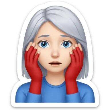 young woman with gray hair and blue eyes and 1 palm of hand covering face in exasperation sticker