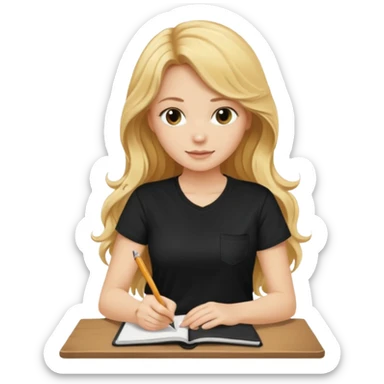 A beautiful blonde with long wavy hair in a black T-shirt sits and writes in a diary with a brown pen without table  sticker