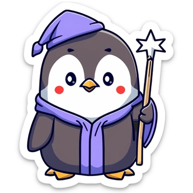 penguin wizard with a starry robe and wand sticker