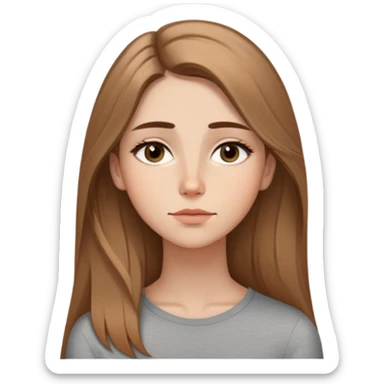 Caucasian girl, cara alargada, mandíbula suave, pelo largo castaño claro con luz, raya al medio. Ojos almendrados con delineado negro marcado, expresión pensativa-suave, labios cerrados en leve sonrisa. Mano apoyada en la cara, cuerpo no visible, fondo cálido con luz natural. sticker