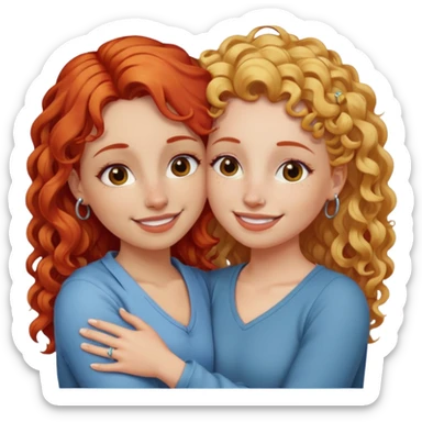 A woman with straight blonde hair and a nose piercing and a woman with curly red hair and a nose piercing are hugging and smiling together. sticker