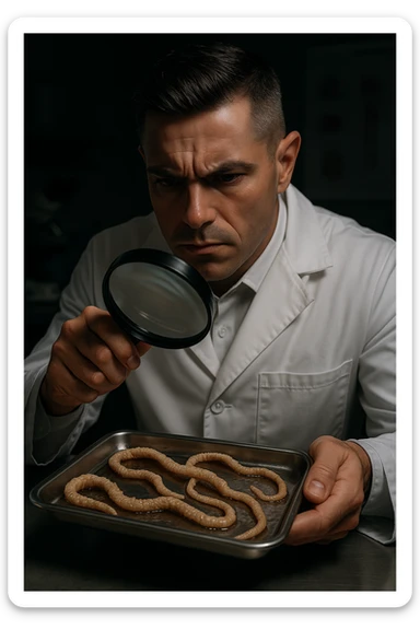 A middle-aged male kinesiologist wearing a pristine white lab coat, intensely analyzing long, beige tapeworms (like Taenia) under a magnifying glass. His expression is focused and slightly concerned, with dramatic studio lighting casting sharp shadows. The parasites are highly detailed, moist, and textured, stretched across a sterile metal tray. The background is blurred but suggests a clinical environment—hints of a microscope, medical charts, and clean lab equipment. The style is hyper-realistic, with a cinematic contrast between the bright white coat and the grotesque, organic forms of the parasites. No sci-fi elements, just raw medical realism with a disturbing edge sticker