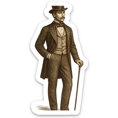 19th century gentleman standing, top hat, tailcoat, cane, waistcoat, full body, no background, different artistic style sticker