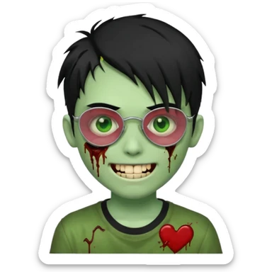 Zombie emo boy, green skin and black hair, chrome heart glasses and a scary cut open smile, scars and blood under eyes sticker