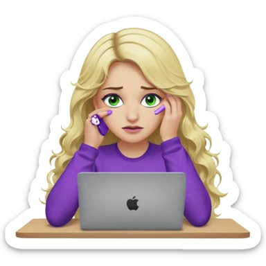 lady with long wavy blonde hair, purple top, green eyes, elbow on desk with hand on face, with a purple mac laptop tears down face. sticker