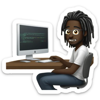 Web developer sitting in front of a computer a 20 year old dark skinned man with medium length dreadlocks coding make the dreadlocks not to be longer than is mouth sticker