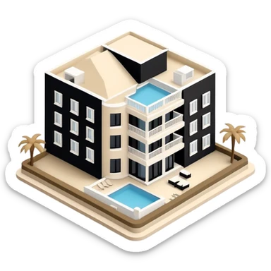 Isometric exterior little black, beige, and white resort hotel, modern dollhouse style 3D realistic  sticker