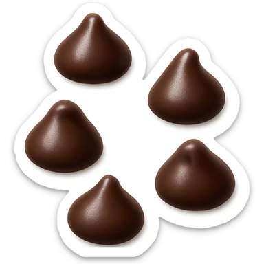 Create exactly 5 semi-sweet chocolate chips scattered in a natural, slightly irregular arrangement. Each chip has a classic teardrop shape with a glossy dark brown surface, slightly rounded point, and subtle reflections and shading for depth. The chips are solid, dry, bite-sized, 3D-rendered, clean, minimal with soft shadows. No faces or packaging. Transparent background. Emoji scale. sticker