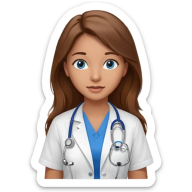 inside a classroom at university that says nursing school on the board with a pretty female nursing student with long brown hair, blue eyes sticker