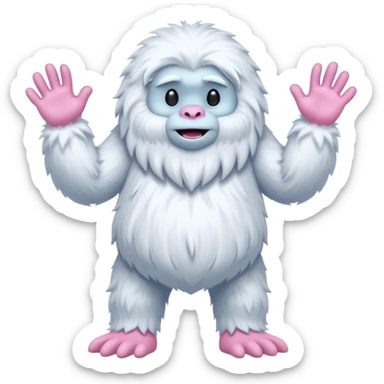 A fluffy, white creature resembling a yeti stands upright, featuring a round body and long, shaggy arms. Its face is smooth with a simple, flat mouth and no visible eyes. The hands and feet are pink with claw-like digits, and the creature has a whimsical, cartoonish appearance sticker