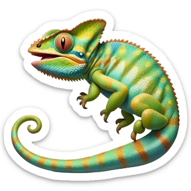 cinematic giant-yawning chameleon-realistic emoji, mouth wide open with tongue out, -blending-with-vibrant-greenery.-detailed-scales-in-shifting-colors,-showing-the-chameleon’s-ability-to-camouflage.-soft-natural-light-highlights-its-texture.-light-background, zoomed into its face sticker