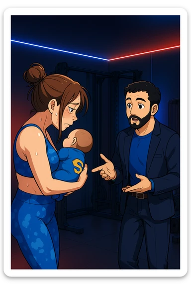 ispirati a questo stile di disegno e fai questa immagine in versione manga/webtoon a colori, il manga mostra la donna preoccupata di profilo con la postura sbagliata e incurvata, spalle chiuse e curve in avanti, con un neonato in braccio con una tutina azzurra e la scritta "S" sulla schiena, spina dorsale storta della donna in evidenza mentre ascolta l'uomo mentre l'uomo gli sta spiegando una cosa, ma non fare i fumetti, fai come se stessero parlando sticker