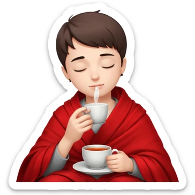 A European boy is sitting wrapped in a red blanket, drinking tea with his eyes closed. sticker