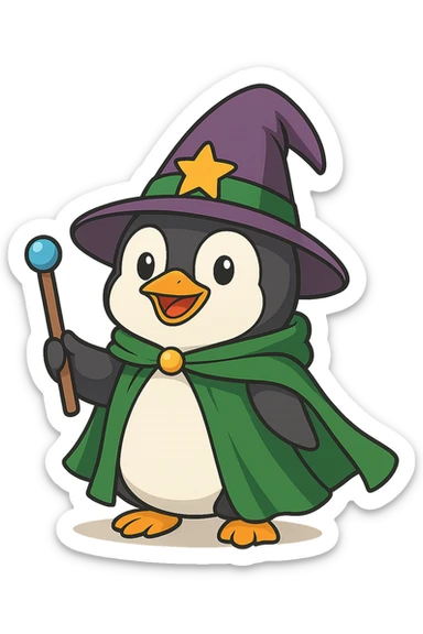 A penguin wizard with a pointy hat and a magic wand and a green cape with no background sticker