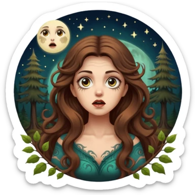 shocked forest mystic woman long wavy brown hair tattoos wide eyes moon glow sticker