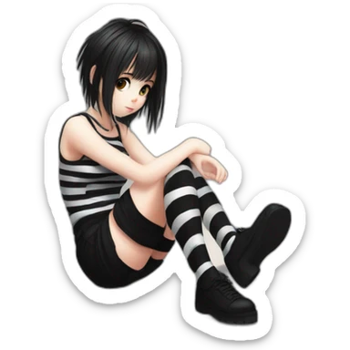 full body Front view emo girl sits on the floor black skirt torn striped stockings sticker