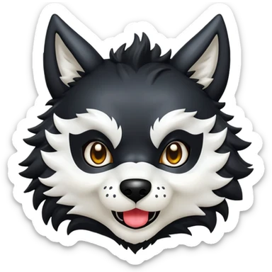Create a cute, expressive emoji of Puro, the latex wolf from the game Changed. He should have a black, fluffy body, a white mask-like face, large expressive eyes, and pointy ears. The emoji should be in a chibi art style, with a transparent background, suitable for use in messaging apps. Depict Puro showing a joyful expression. sticker