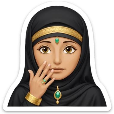 an old emirati women wearing traditional cloths covers her face with burg'a a;; the cloths and burqa'a are black sticker