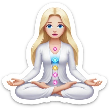 A cinematic realistic blonde with long hair, blue eyes, pink lips in white clothes meditates, her chakras glow sticker