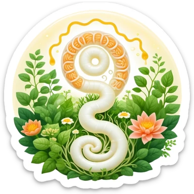Magical garden with yogurt, kimchi, and kombucha appearing as glowing plants. A spiral intestine forms the center path, with golden beneficial bacteria floating like pollen and light seeds. The scene has an ethereal, dreamy quality representing the inner ecosystem. sticker