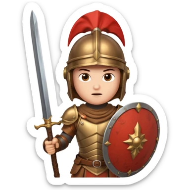 An emoji of the Roman god Mars. He is a warrior with a helmet and armor, holding a sword and shield, with a fierce expression. sticker