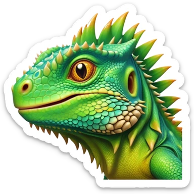 Cinematic Cute Iguana Portrait Emoji, Head tilted playfully and inquisitively, featuring a delightfully vibrant, textured body with a subtle spiky crest and large, sparkling eyes full of gentle wonder, Simplified yet irresistibly adorable features, highly detailed, glowing with a warm, inviting jungle glow, high shine, affectionate and lively, stylized with a touch of whimsical reptilian charm, soft glowing outline, capturing the essence of a mischievous yet loving iguana that seems as if it could scurry out of the screen into your arms! sticker