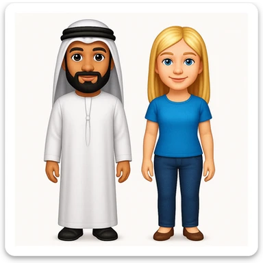 Сгенерируй мне в стиле детализированного емодзи пару, где мужчина с черной бородой и в арабском одеянии и чуть со смуглой кожей, а девушка чистая славянка, блондинка. В ПОЛНЫЙ РОСТ ОНИ И НЕ КАСАЮТСЯ КРАЕВ ИЗОБРАЖЕНИЯ sticker