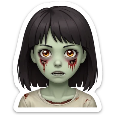  iPhone emoji is a zombie girl with dark hair long below her shoulders bangs and a ragged haircut gray eyes sticker