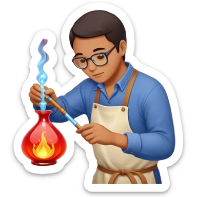 Glassblowing and casting icon, artisan shaping molten glass with a blowpipe, glass being poured into a mold, glowing red-hot glass, delicate patterns, minimalistic style, clean lines, transparent background. sticker