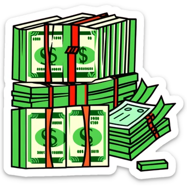 green upward arrow next to progressively taller stacks of dollar bill packs wrapped with bands sticker