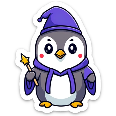 penguin wearing a wizard hat and robe, holding a magic wand sticker