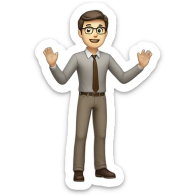 To belt Actively gesturing with hands Pale skinned fit man teacher with dark brown hair in gray jacket, beige office shirt, brown tie, brown pants and vintage glasses. sticker