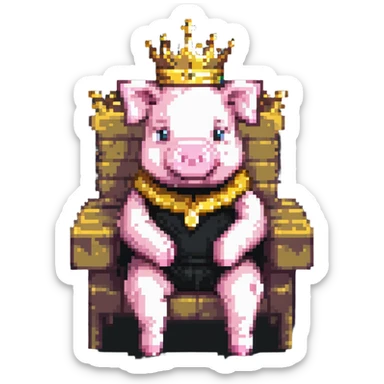cartoon-like playful pixel art pig with a golden crown sitting on a throne, blocky and square like Minecraft, very few pixels, simple and charming sticker