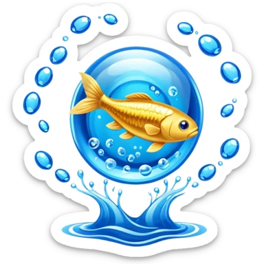 Golden omega-3 fish oil capsule with small fish swimming around it, blue liquid waves, brain and heart benefits visualization sticker
