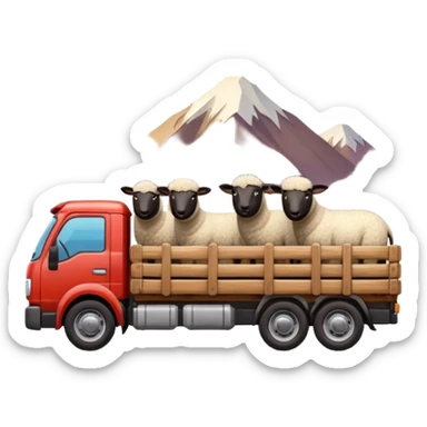 3D emoji of a Peruvian truck transporting sheep in the back, wooden cargo bed, Andes mountain landscape, dusty countryside road, glossy finish, bold outlines, vibrant natural colors, sticker design, transparent background sticker