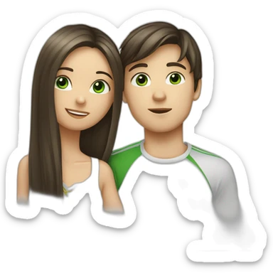 a blond boy with green eyes kisses a brunette girl with long straight hair and  green eyes on the cheek sticker