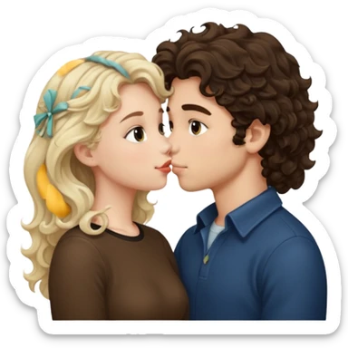 White Italian boy with dark brown wavy fluffy hair and blonde girl that's pale with wavy hair kissing sticker