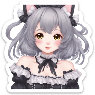 Gorgeous anime style catgirl with blushing face with maid outfit laces gothic Lolita idol model kawaiicore pastelcore cottagecore pearly petite simplistic aesthetic trending style sticker