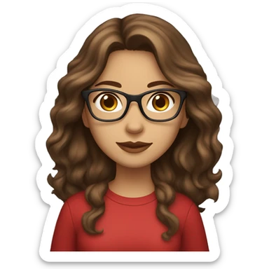 female coder with apple laptop in front of her, long wavy brown hair, brown eyes, type of glasses cat eyes, light skin, dark-brown wavy hair, red clothes sticker